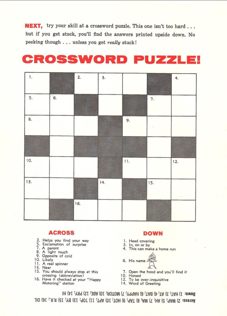 Crossword puzzle. Game in an activity booklet for kids published by Esso Gas Stations, circa 1960s.