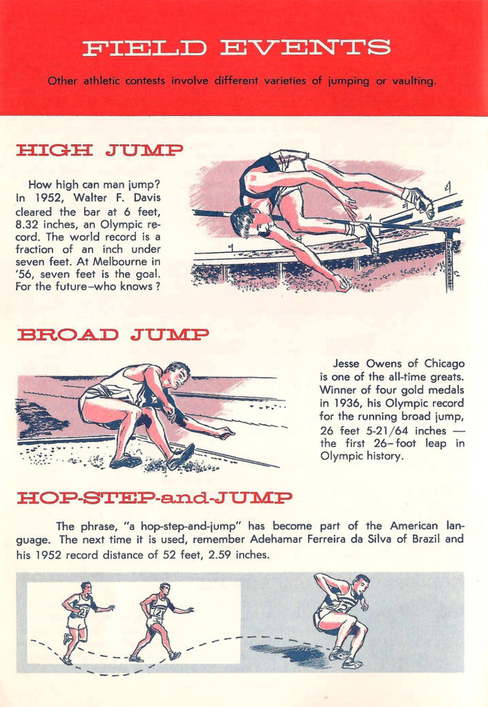 High jump, broad jump, hop step and jump events. Article in a Comic-type booklet describing the different types of events to be held in the 1956 Olympics.