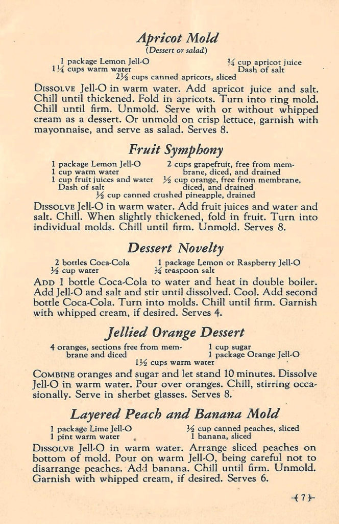 Five different desserts. Recipes in a Jell-O booklet published in 1933.