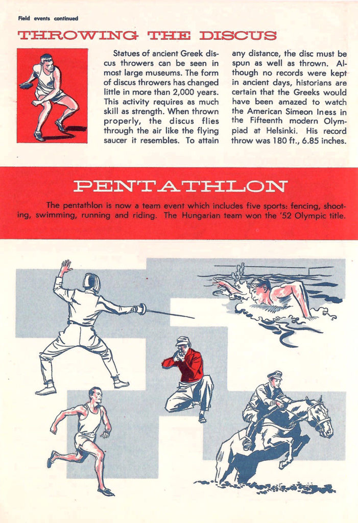 Discus and pentathlon. Article in a Comic-type booklet describing the different types of events to be held in the 1956 Olympics.