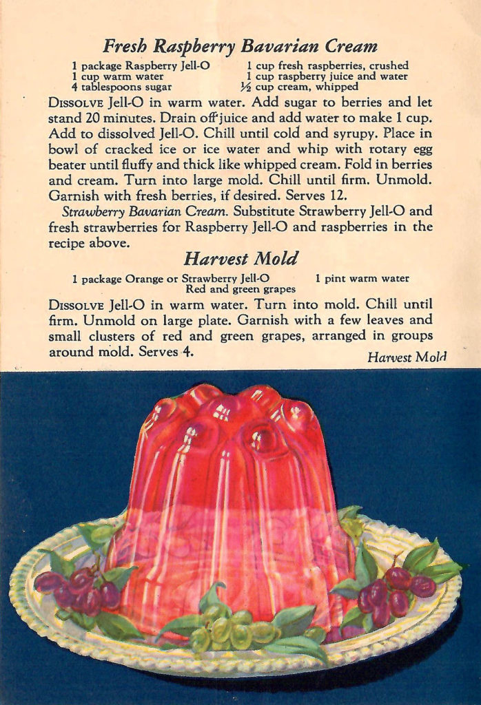 Raspberry Bavarian Cream and a Harvest Mold. Recipes in a Jell-O booklet published in 1933.