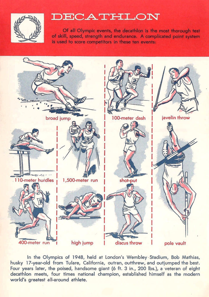 Decathlon. Article in a Comic-type booklet describing the different types of events to be held in the 1956 Olympics.