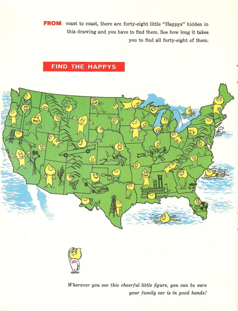 Find the Happys. Game in an activity booklet for kids published by Esso Gas Stations, circa 1960s.