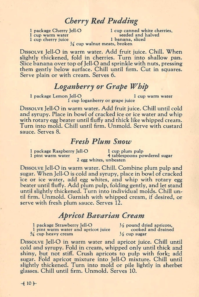Four Jell-O recipes in a booklet published in 1933.