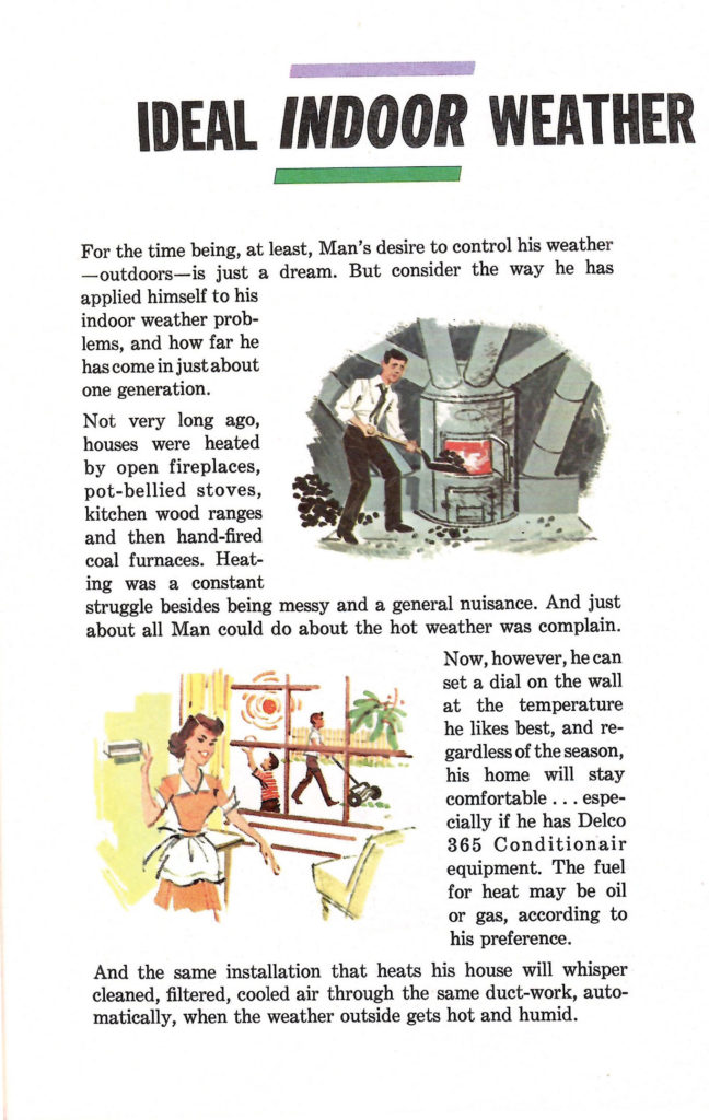 Ideal indoor weather. Article in a 1962 booklet published by Delco Air Conditioners describing different types of weather.