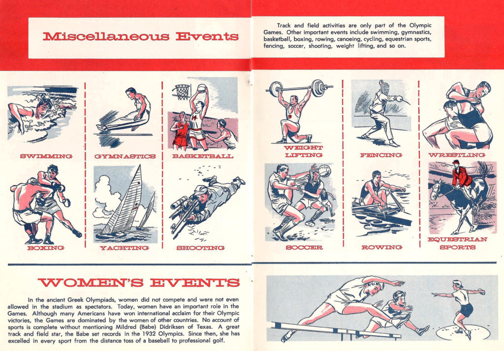 Miscellaneous events and women's events. Article in a Comic-type booklet describing the different types of events to be held in the 1956 Olympics.