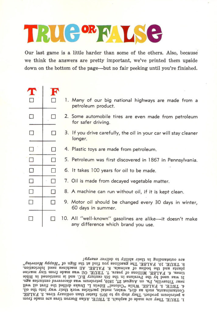True or False. Game in an activity booklet for kids published by Esso Gas Stations, circa 1960s.