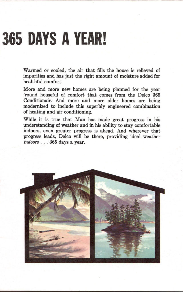 Indoor weather 365 days a year. Article in a 1962 booklet published by Delco Air Conditioners describing different types of weather.