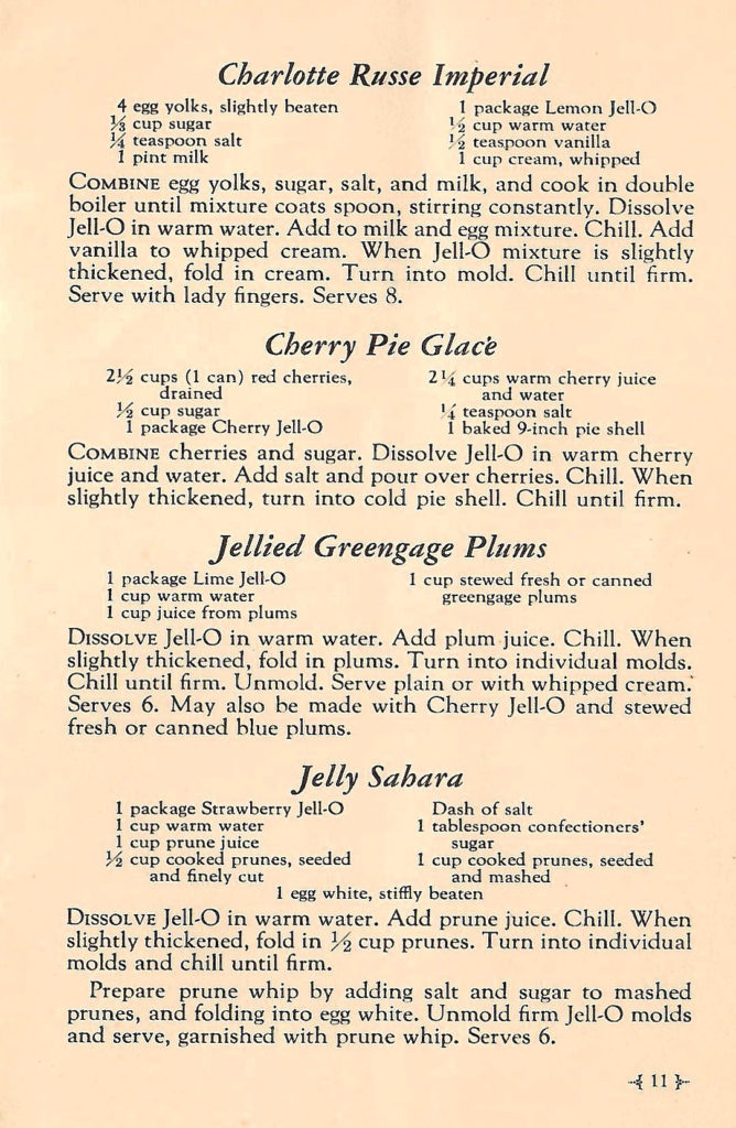 Cherry Pie Glaze and more. Recipes in a Jell-O booklet published in 1933.