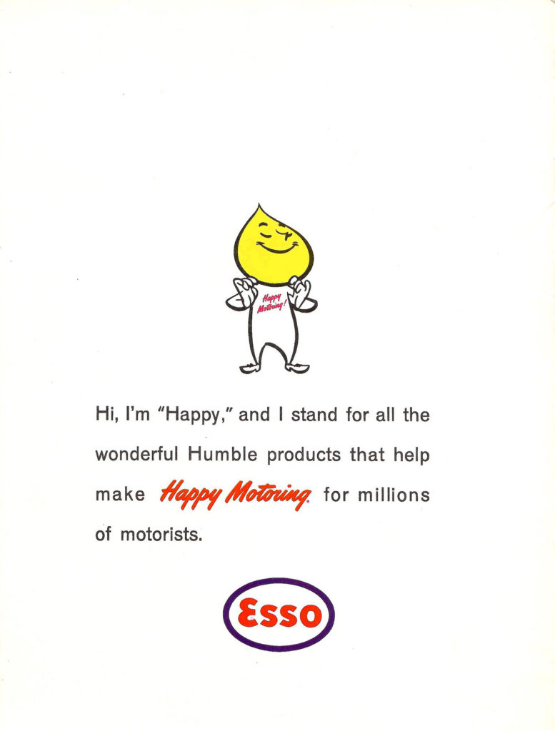 Happy Motoring. Back cover of an activity booklet for kids published by Esso Gas Stations, circa 1960s.