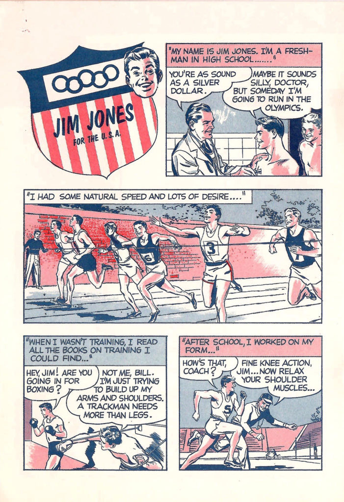 Jim Jones trains. Comic about the 1956 Olympics.