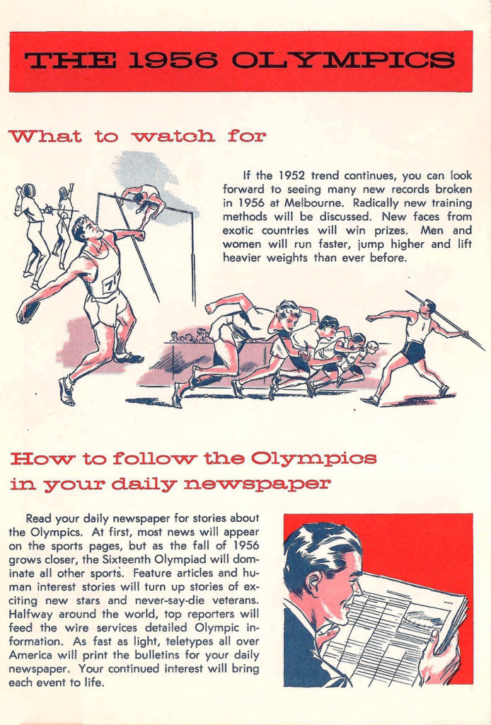How to follow the 1956 Olympics. Article in a Comic-type booklet describing the different types of events to be held in the 1956 Olympics.