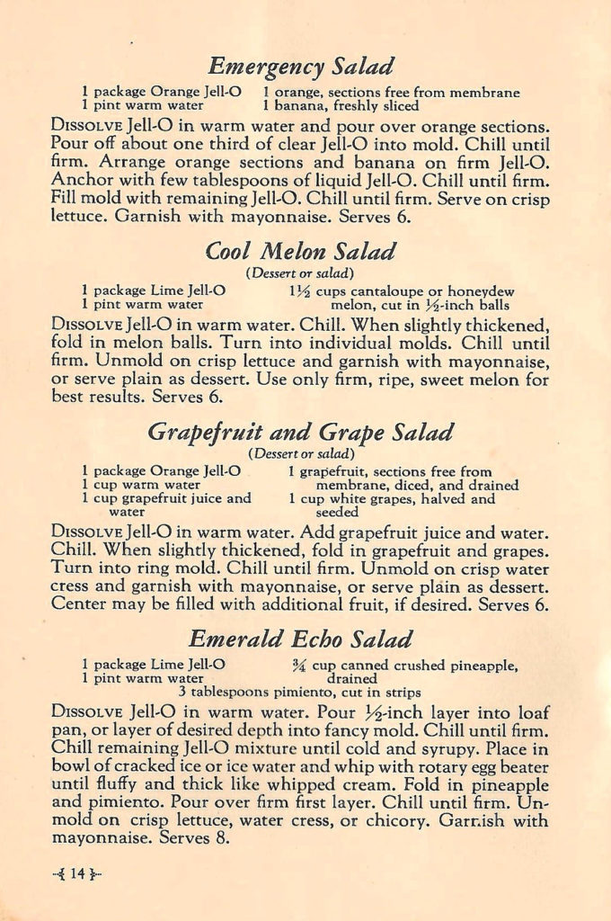 Emergency Salad and more. Recipes in a Jell-O booklet published in 1933.