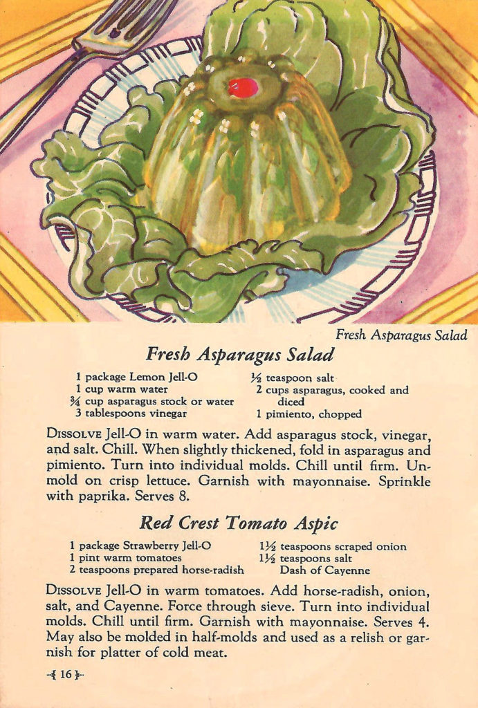 Asparagus and Tomato salads. Recipes in a Jell-O booklet published in 1933.