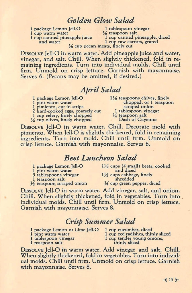 Four different salads. Recipes in a Jell-O booklet published in 1933.
