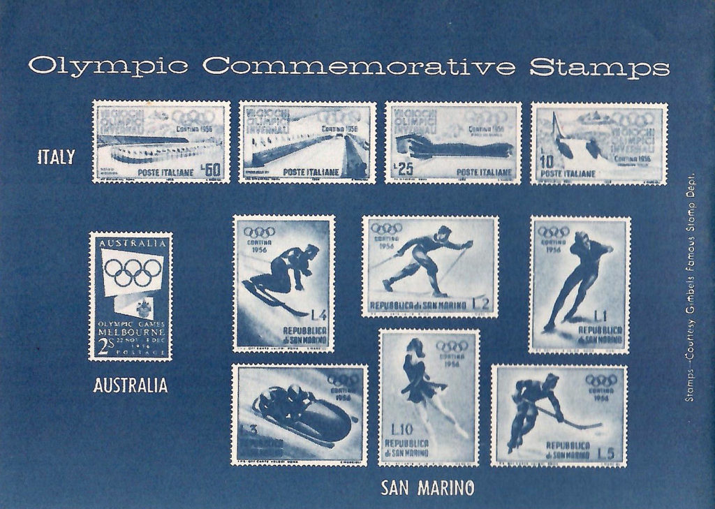 Commemorative stamps about the 1956 Olympics. Back cover of a Comic-type booklet describing the different types of events to be held in the 1956 Olympics.