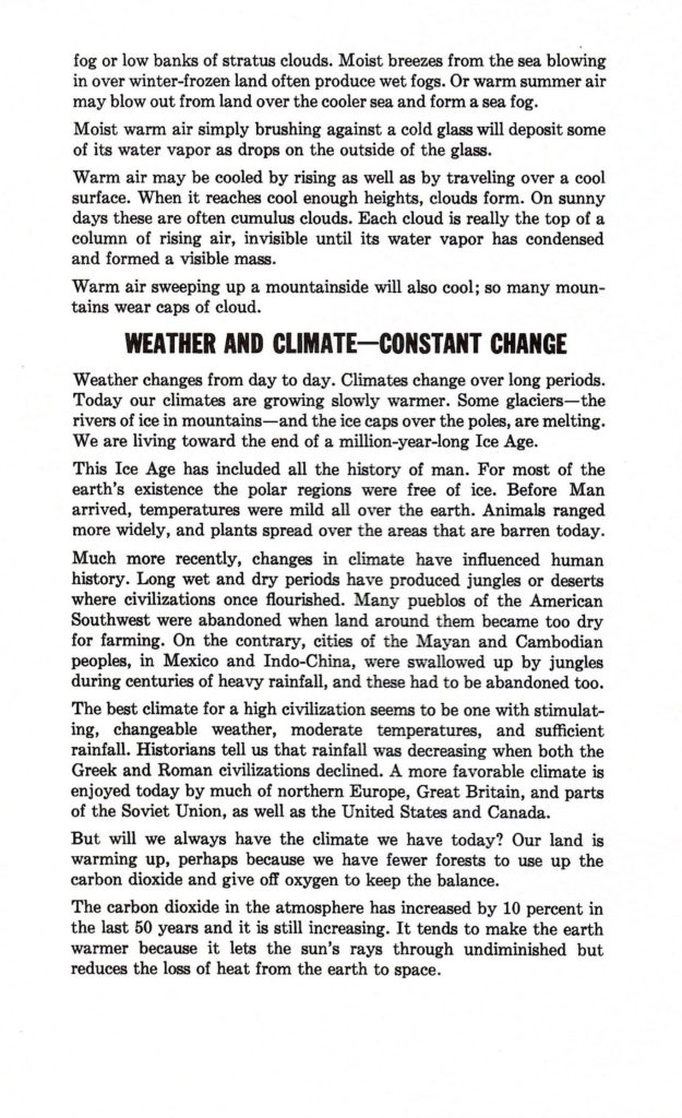 Weather and climate. Article in a 1962 booklet published by Delco Air Conditioners describing different types of weather.