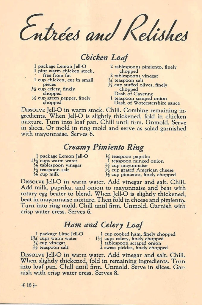 Entrées and relishes. Recipes in a Jell-O booklet published in 1933.