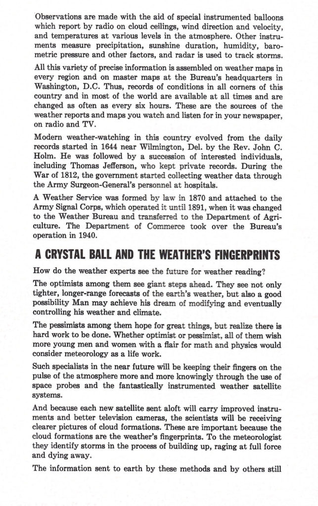 A weather crystal ball. Article in a 1962 booklet published by Delco Air Conditioners describing different types of weather.