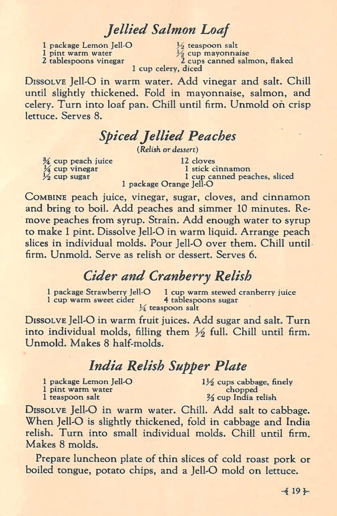 Jellied Salmon Loaf and more. Recipes in a Jell-O booklet published in 1933.