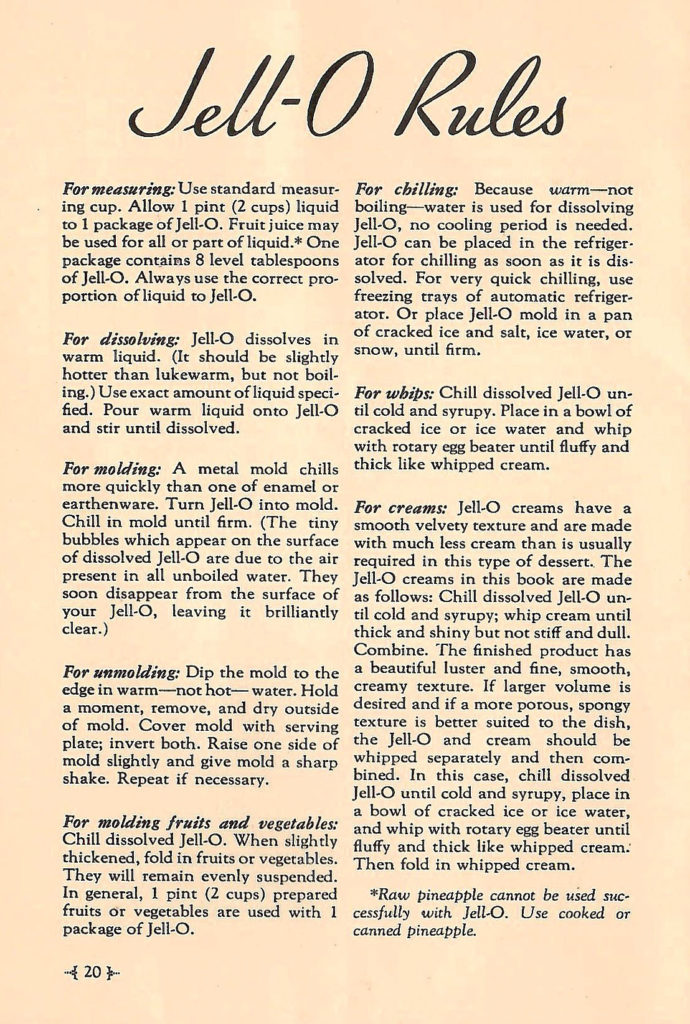 Jell-O Rules. Instructions on how to make Jell-O. Published in a booklet in 1933.