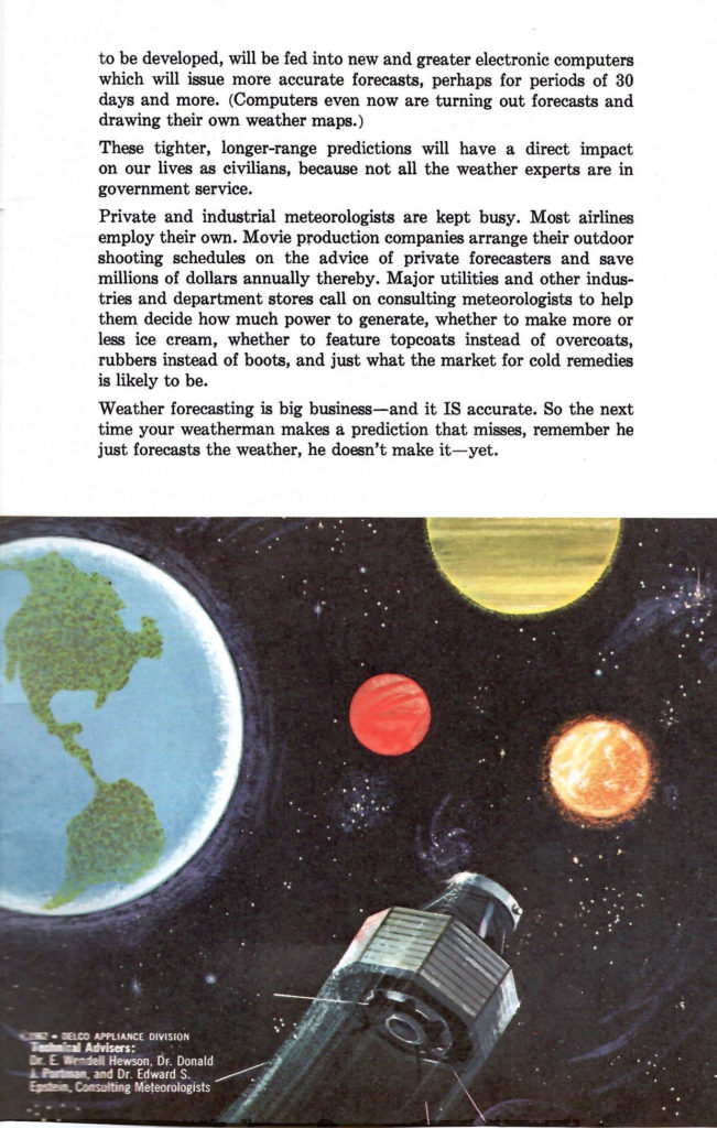 Weather satellites. Article in a 1962 booklet published by Delco Air Conditioners describing different types of weather.