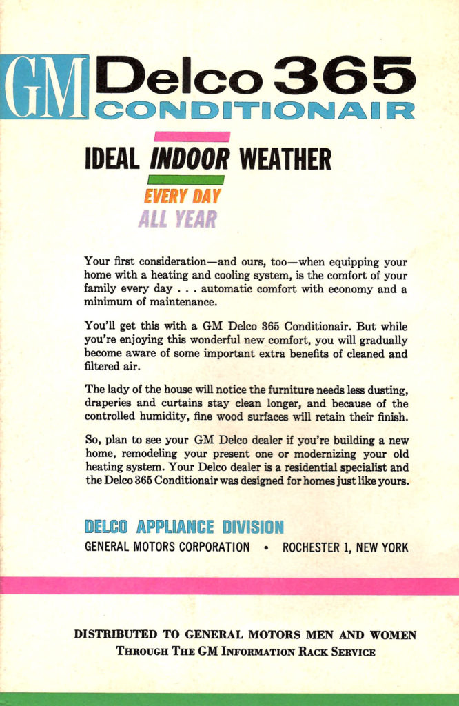 Delco 365 air conditioner. Ad in a 1962 booklet published by Delco Air Conditioners describing different types of weather.