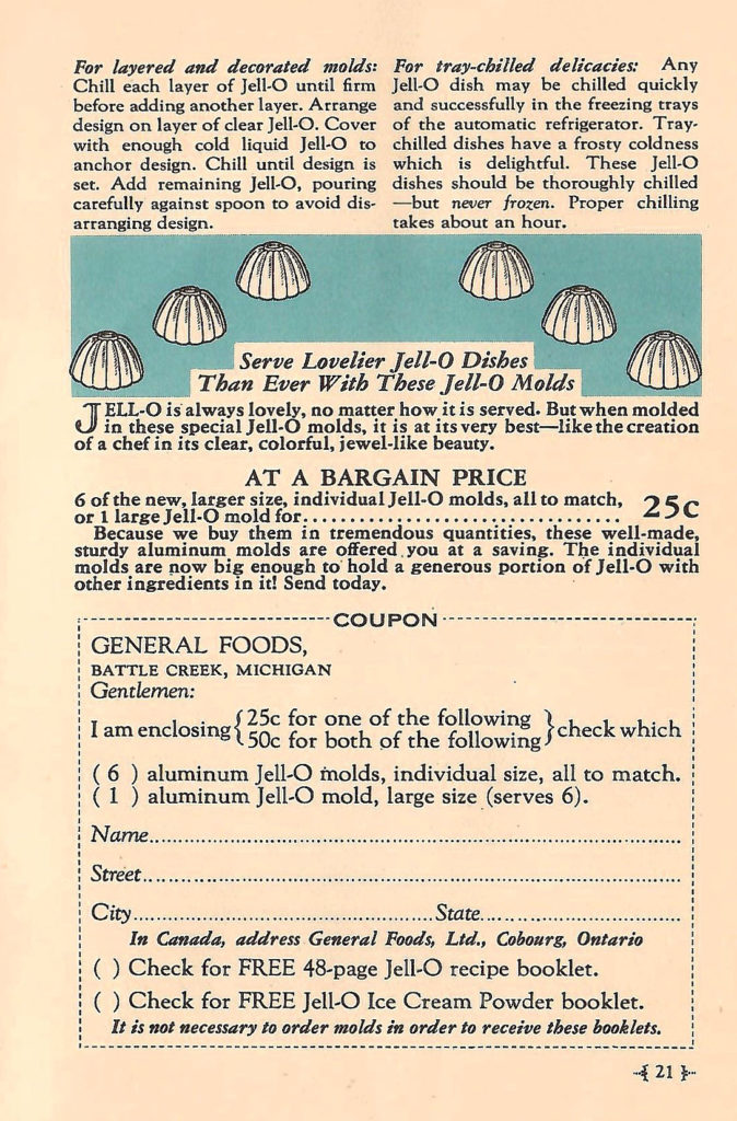 Buy Jell-O molds for twenty-five cents. Ad in a Jell-O booklet published in 1933.