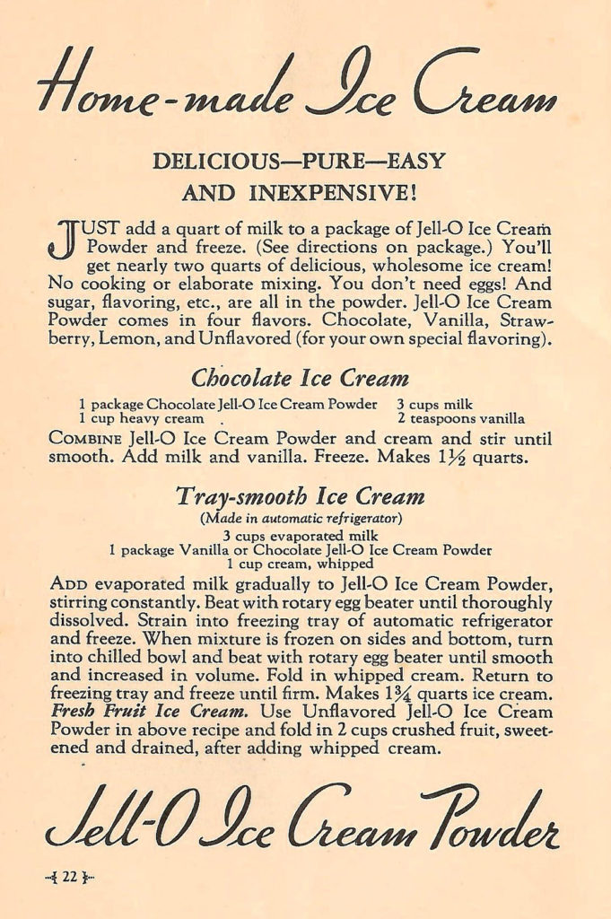 Jell-O Ice Cream Powder. Recipes in a Jell-O booklet published in 1933.