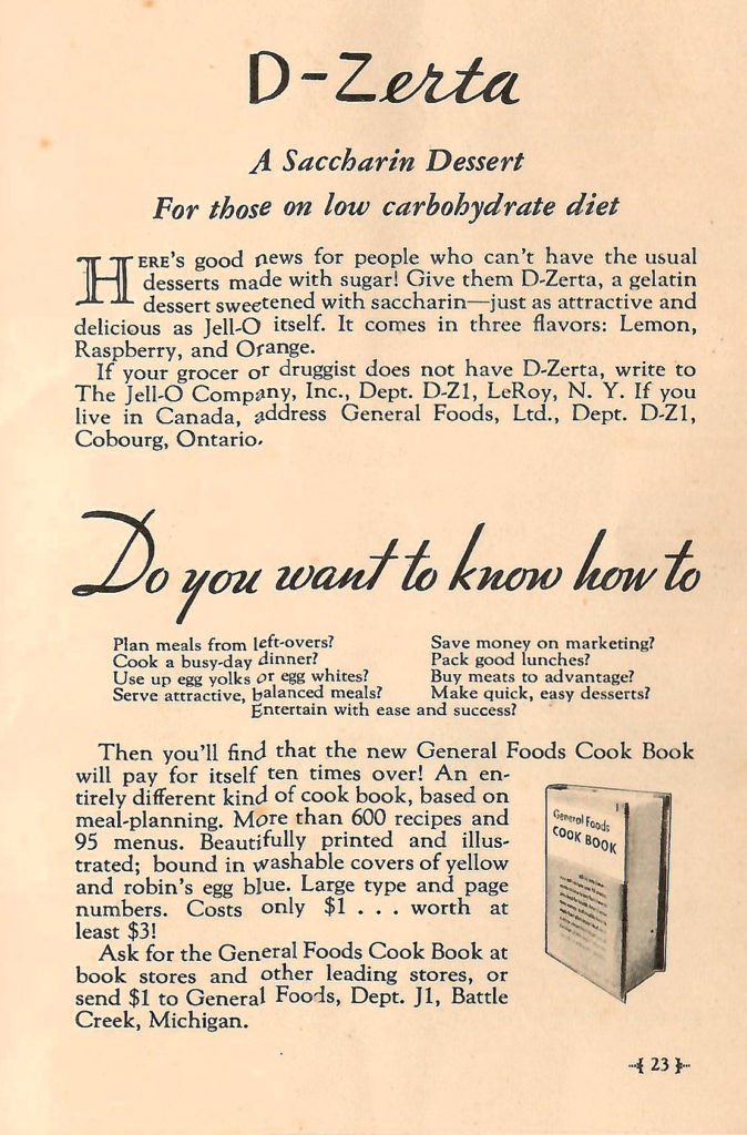 General Foods Cookbook. Ad in a Jell-O booklet published in 1933.