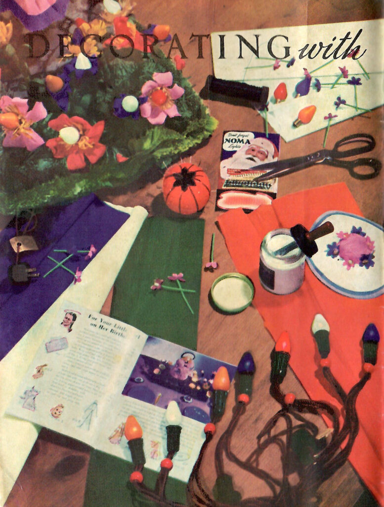 Crafting with lights. Picture in a craft brochure featuring various ways to create festive holiday centerpieces using colored lights.
