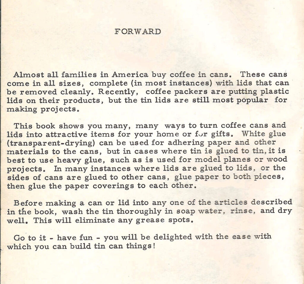 Forward. Page of a 1966 craft booklet with ideas and instructions on making crafts and gifts with leftover coffee cans.