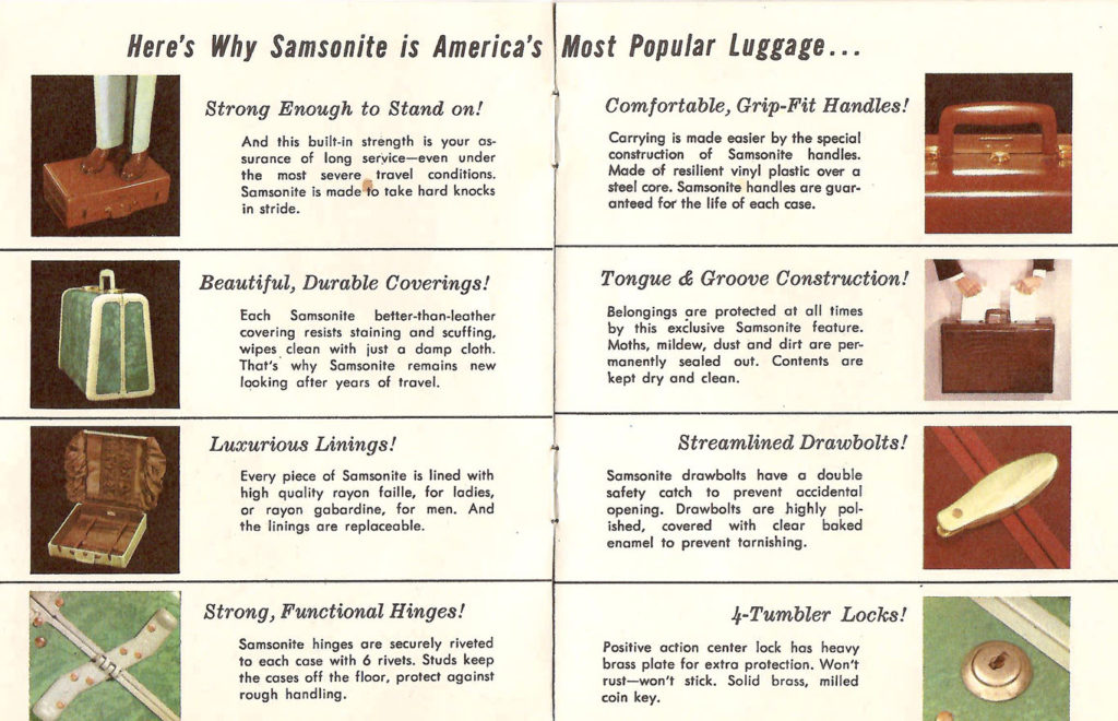 Strong and rugged. America's most popular luggage. Ad in a luggage sales brochure printed in the 1950s.