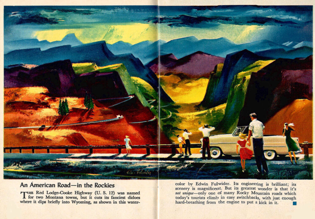 The Rockies. A Mural in a 1953 issue of Ford Times Magazine.