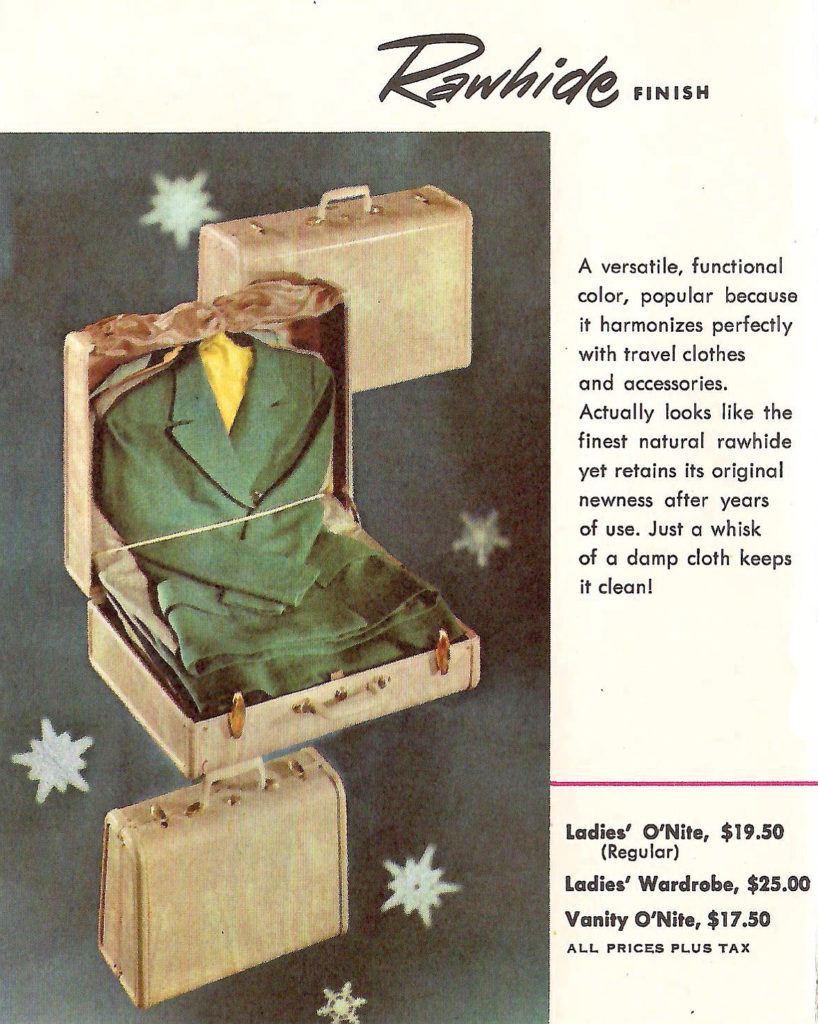 Luggage with a rawhide finish. Ad in a luggage sales brochure printed in the 1950s.