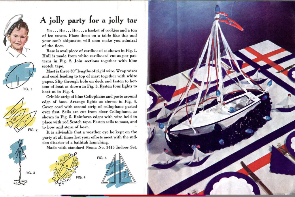 A nautical party. Article in a craft brochure featuring various ways to create festive holiday centerpieces using colored lights.