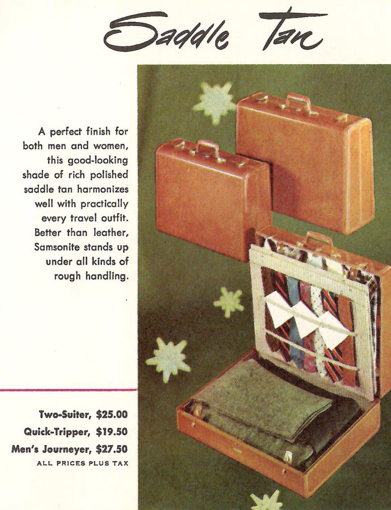 Saddle Tan Luggage. Ad in a luggage sales brochure printed in the 1950s.