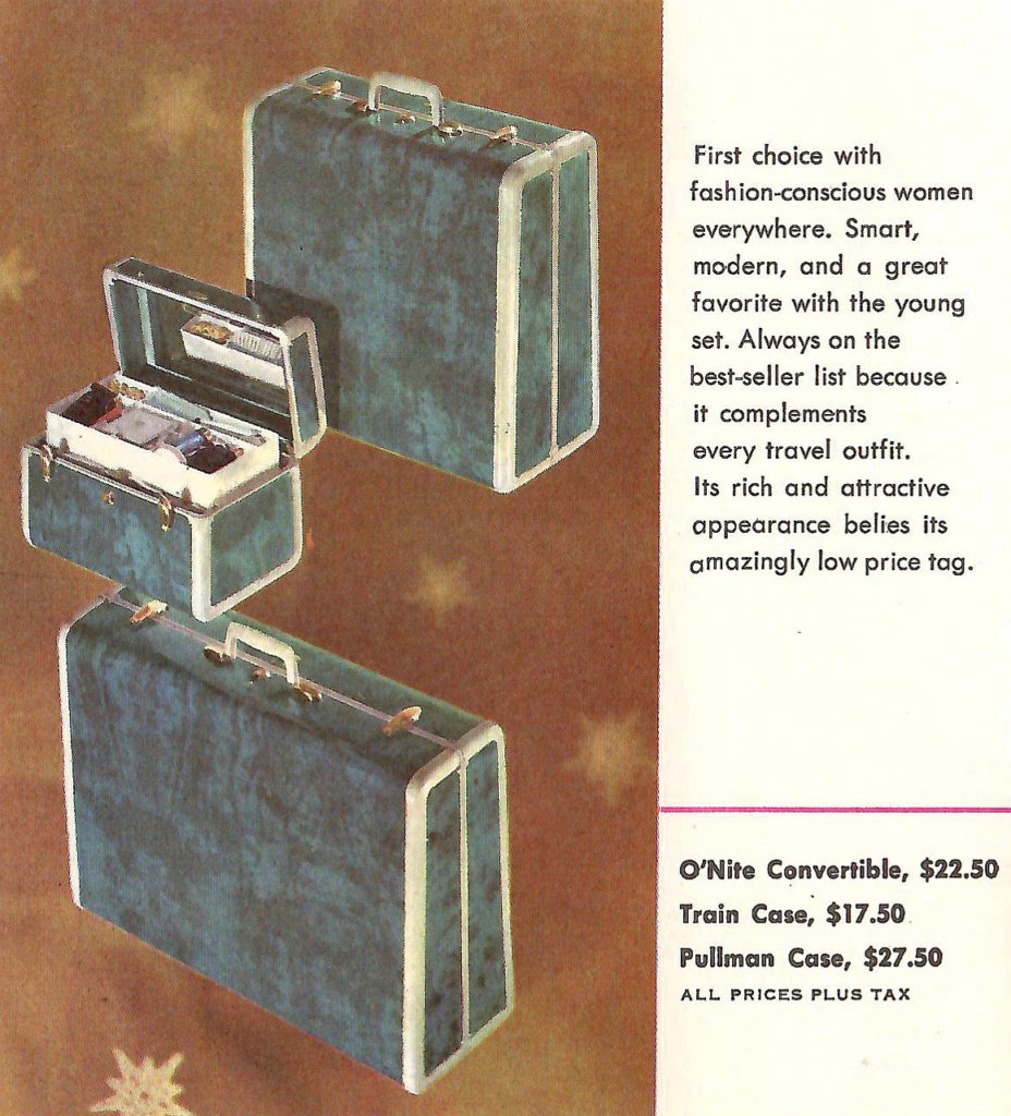 Beautiful blue luggage. Ad in a luggage sales brochure printed in the 1950s.