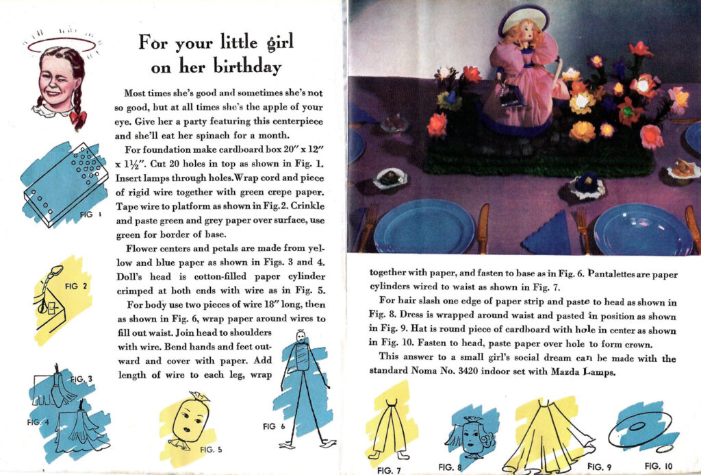 Party for a little girl. Article in a craft brochure featuring various ways to create festive holiday centerpieces using colored lights.