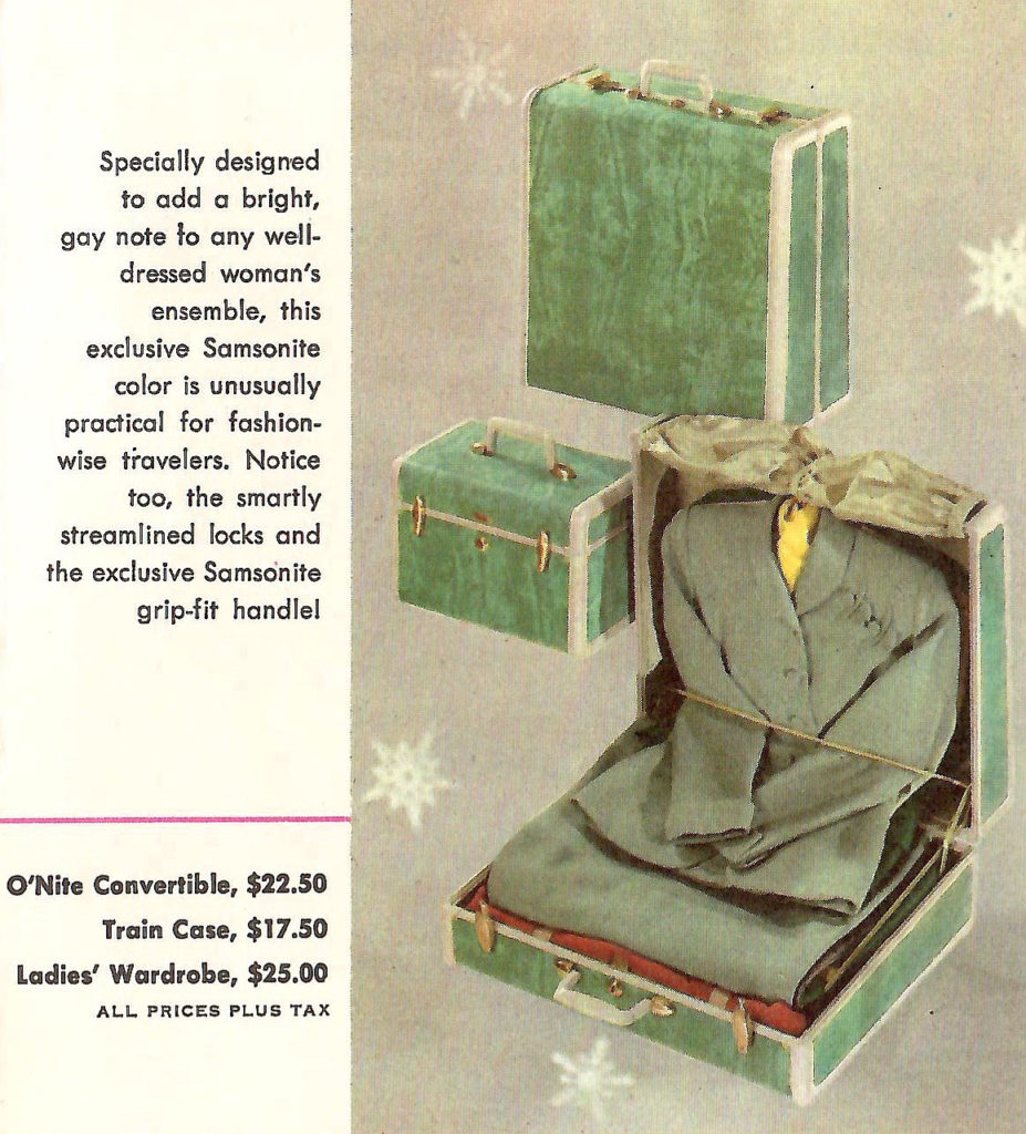 Beautiful green luggage. Ad in a luggage sales brochure printed in the 1950s.