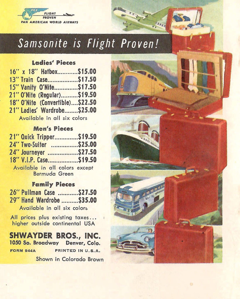 Samsonite is Flight Proven. A variety of luggage with a range of prices. Ad in a luggage sales brochure printed in the 1950s.