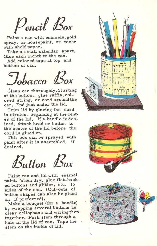 Three Boxes. Page of a 1966 craft booklet with ideas and instructions on making crafts and gifts with leftover coffee cans.