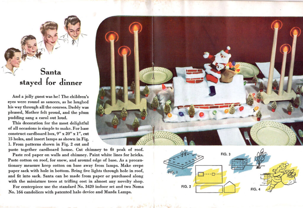 Santa stayed for dinner. Article in a craft brochure featuring various ways to create festive holiday centerpieces using colored lights.
