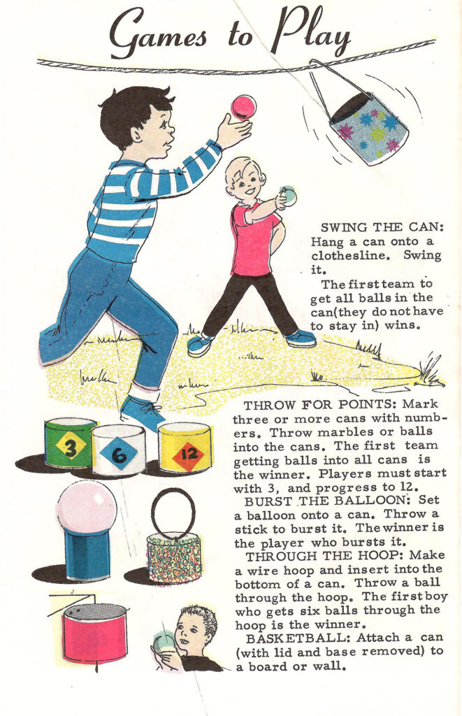 Games to Play. Page of a 1966 craft booklet with ideas and instructions on making crafts and gifts with leftover coffee cans.