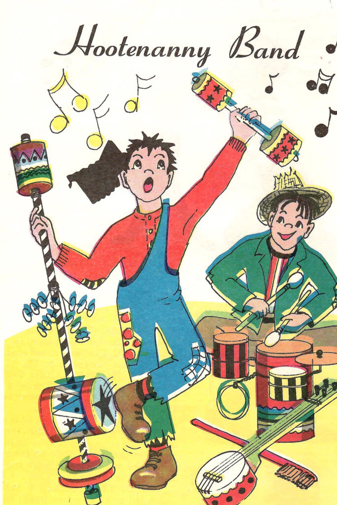 Hootenanny Band. Page of a 1966 craft booklet with ideas and instructions on making crafts and gifts with leftover coffee cans.