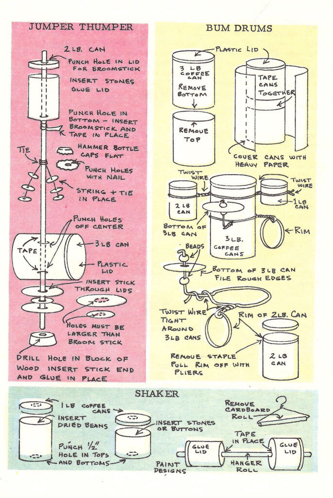 Make Band Instruments. Page of a 1966 craft booklet with ideas and instructions on making crafts and gifts with leftover coffee cans.