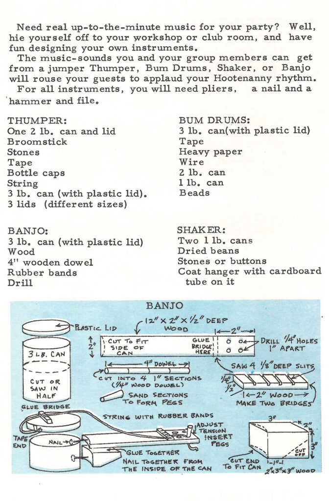 Instructions to Make More Instruments. Page of a 1966 craft booklet with ideas and instructions on making crafts and gifts with leftover coffee cans.