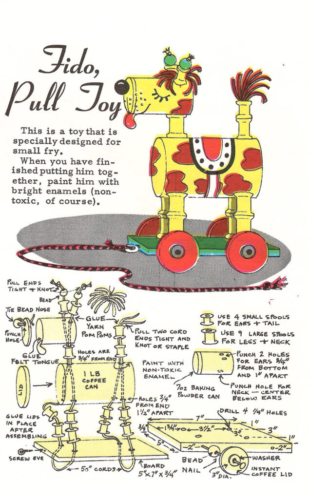 Fido Pull Toy. Page of a 1966 craft booklet with ideas and instructions on making crafts and gifts with leftover coffee cans.