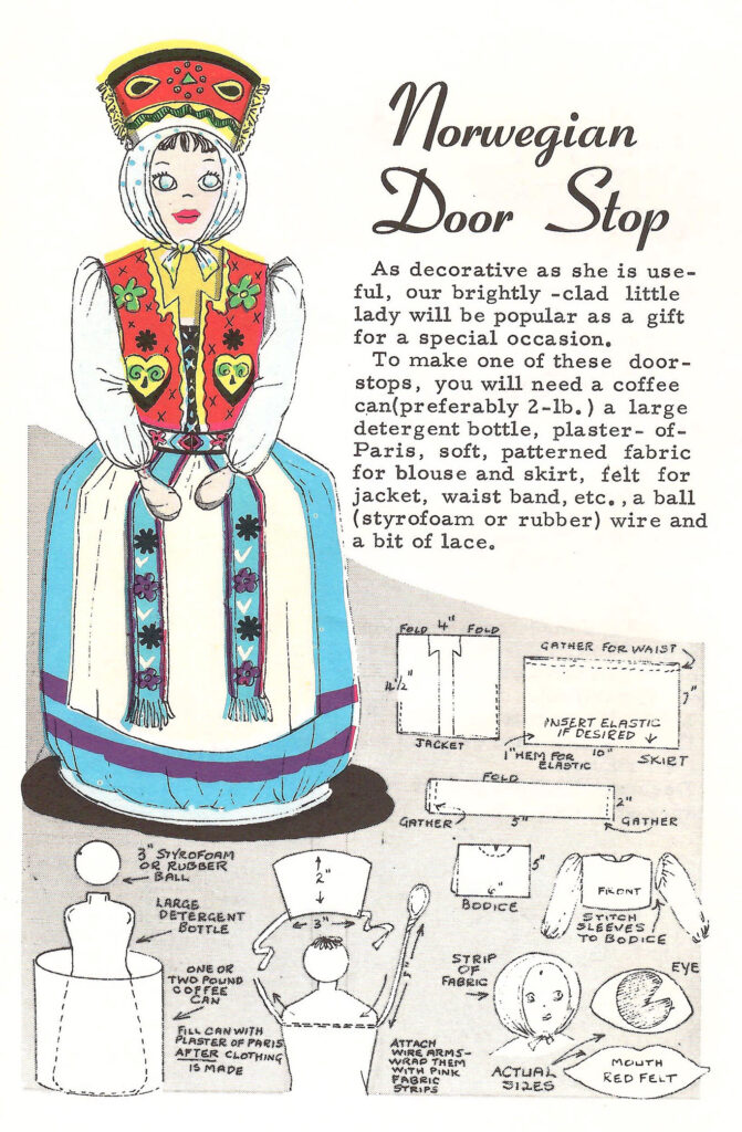 Norwegian Door Stop. Page of a 1966 craft booklet with ideas and instructions on making crafts and gifts with leftover coffee cans.