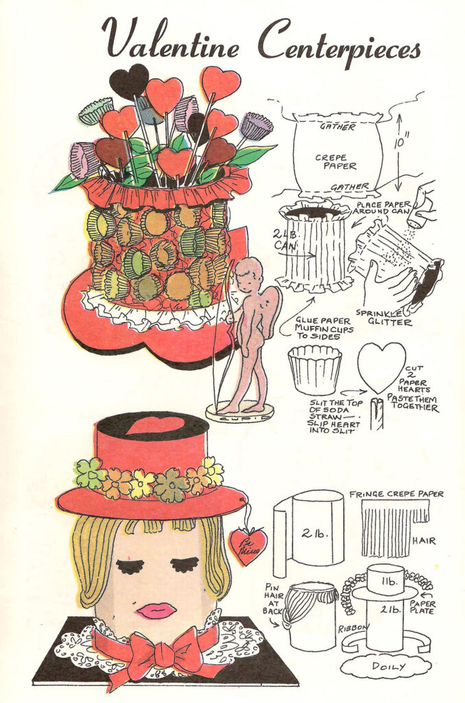 Valentine Centerpieces. Page of a 1966 craft booklet with ideas and instructions on making crafts and gifts with leftover coffee cans.